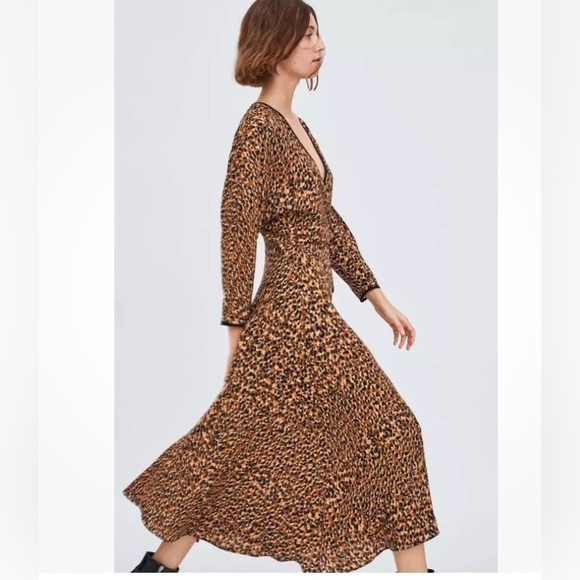 Zara Animal & Leopard Print Faux Wrap Midi Dress - Picture 1 of 7